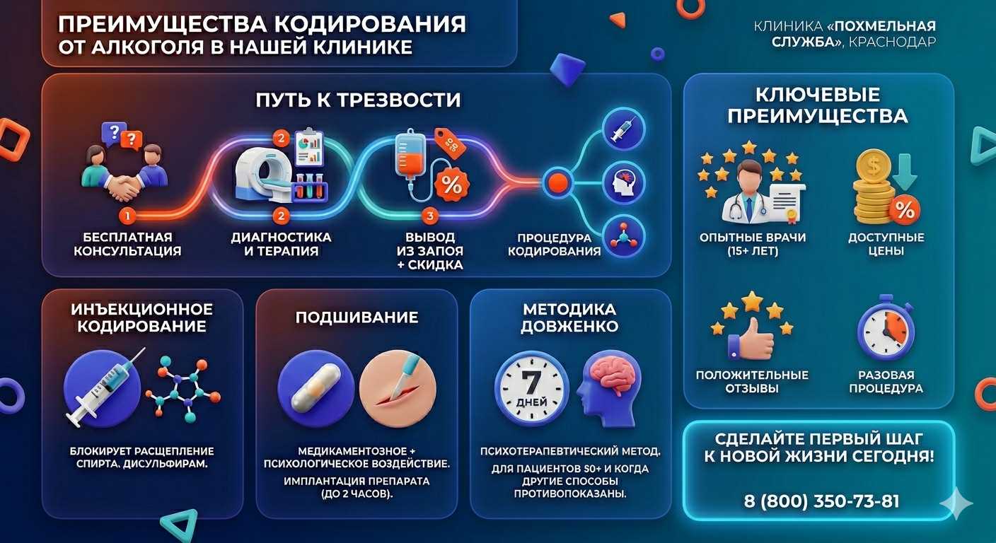 Инфографика о методах кодирования от алкоголя в Кореновске: инъекции, подшивание, метод Довженко. Преимущества клиники и этапы лечения.
