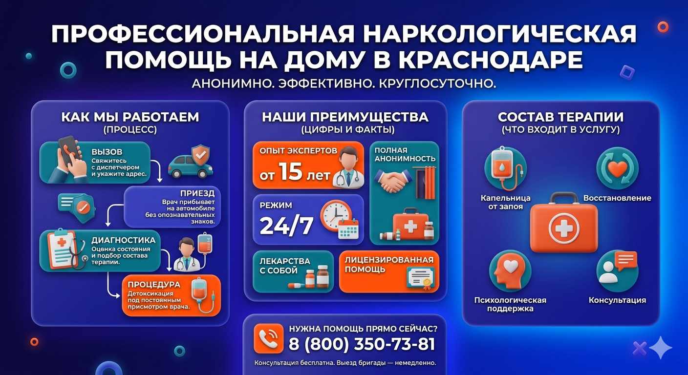 Инфографика о принципах лечения алкоголизма на дому в Кореновске: этапы вызова нарколога, преимущества анонимной детоксикации и состав медицинской помощи.